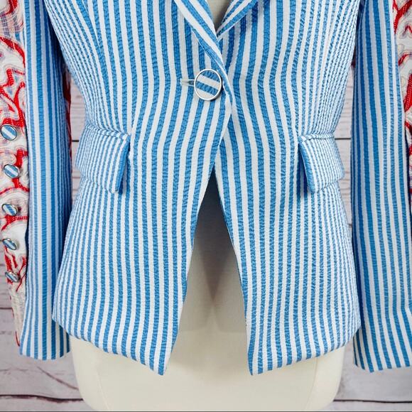 Alberto Makali open shoulder seersucker stripe blue white blazer - Picture 12 of 13